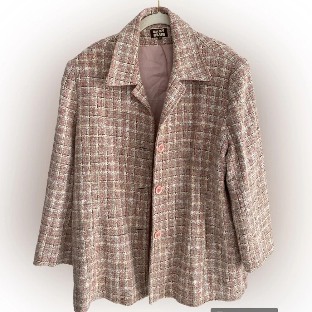 Vintage Lightweight 100% Wool Tweed Plaid Pink Single-Breasted Blazer Size X
